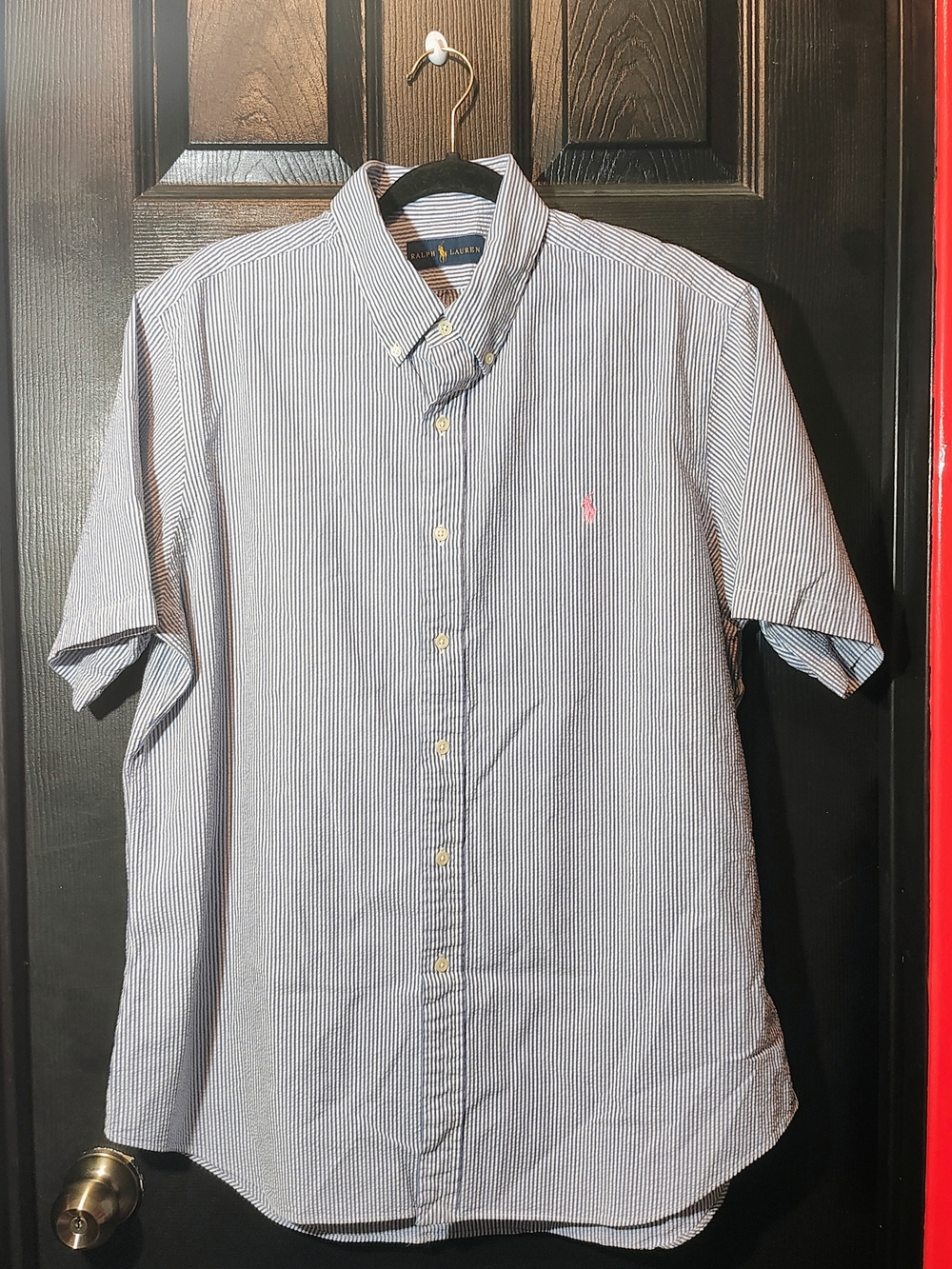 Ralph Lauren Short-Sleeve Pinstripe Button-Down Shirt — Blue & White